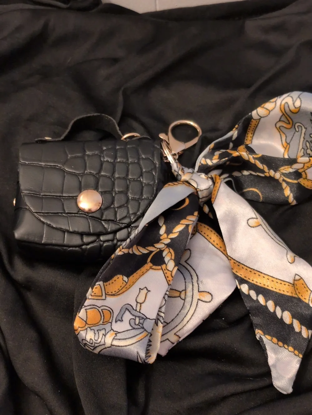 Black Croc-Texture Mini Keychain/Bag Charm /Mini Purse with Decorative Scarf